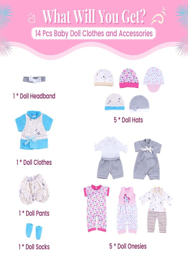 BABESIDE 6 Sets Baby Doll Clothes for 12-15 Inch Babydolls, 14 Pcs Bitty Baby Doll Clothes Set with Hat for Realistic Babydolls Accessories Girl - Image 4